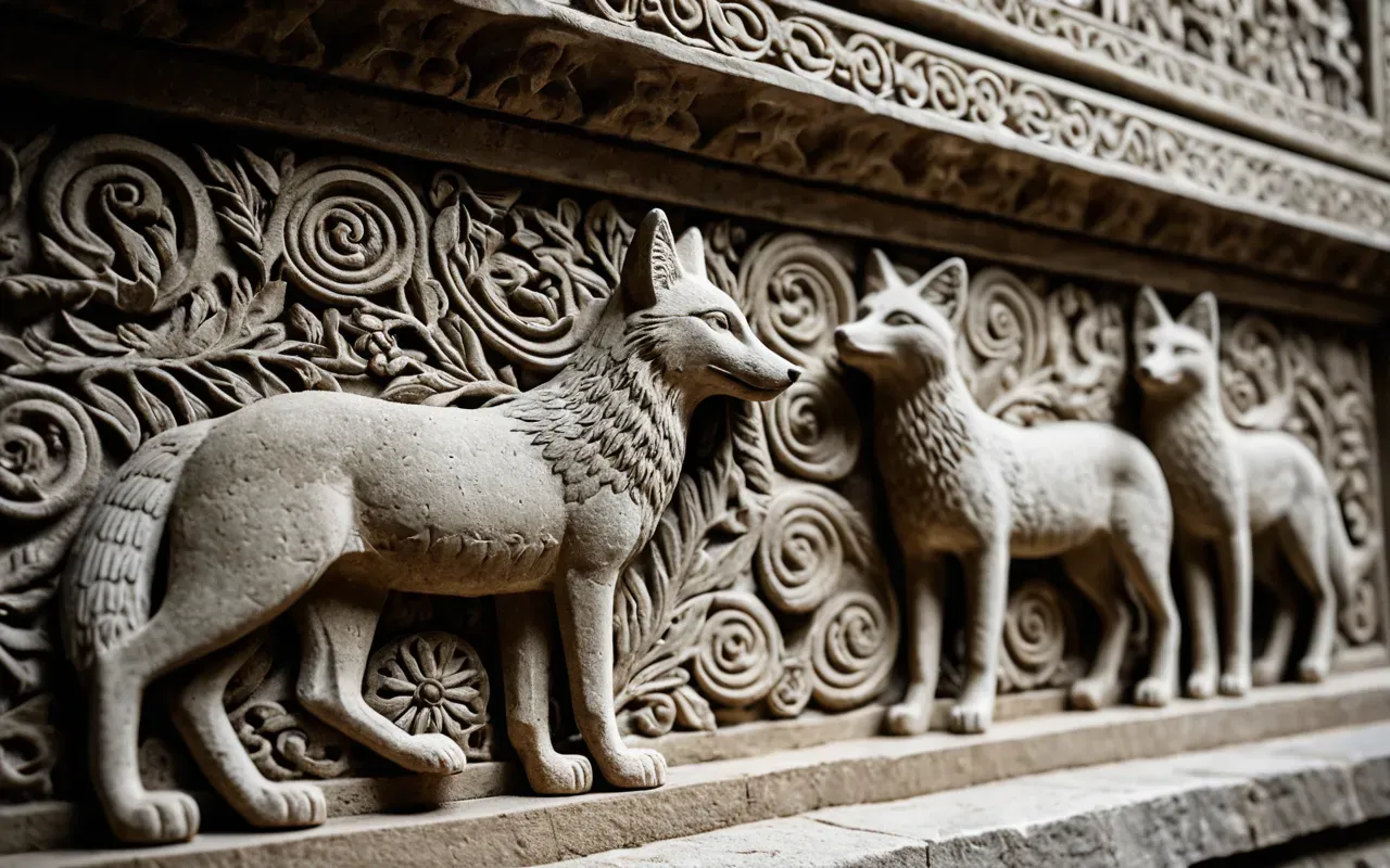 A close up photo of intricate stone reliefs depicting stylized animals like foxes and birds carved into limestone with dramatic lighting highlighting the texture no text visible
