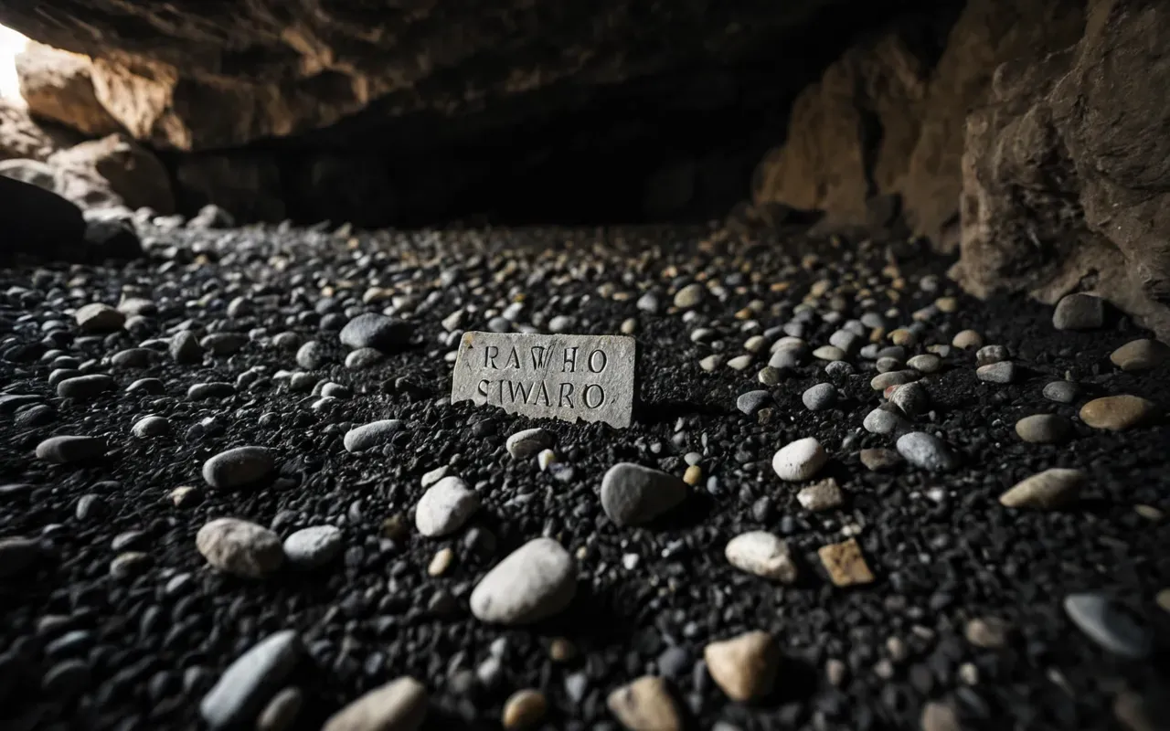 flint artifacts A close-up photo of rough gray flint stones arranged on dark soil inside a cave. The lighting is dim with shadows highlighting the sharp edges of the ancient tools.