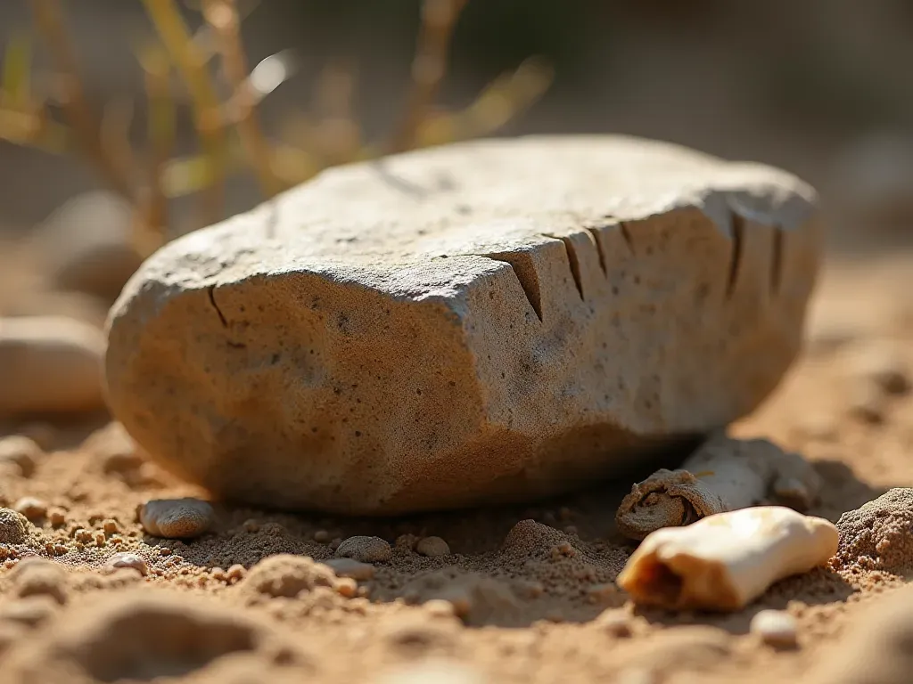 flint saw blade detail A close-up photograph of a rough flint stone with distinct jagged teeth along one edge resting on dry sandy soil next to a small bone fragment and a piece of dried resin, lit by bright natural daylight.