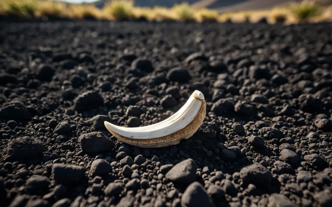 fossil analysis A close-up photograph of a single ancient fossilized animal tooth resting on dark volcanic soil under bright natural sunlight with shallow depth of field highlighting enamel texture and surrounding dust particles without any text or labels visible.