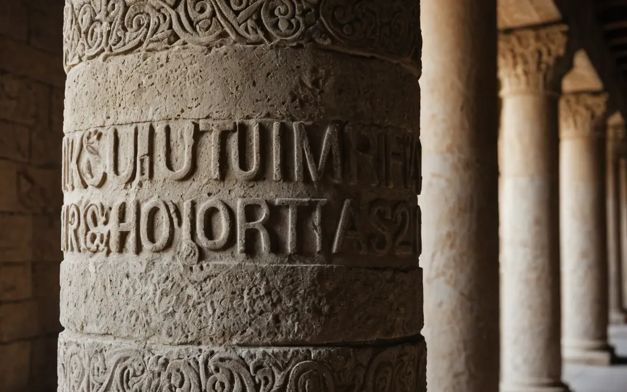 A close-up photograph showing weathered limestone texture of an ancient pillar with faint carved details visible under natural lighting emphasizing age and endurance without any human presence or text overlays.