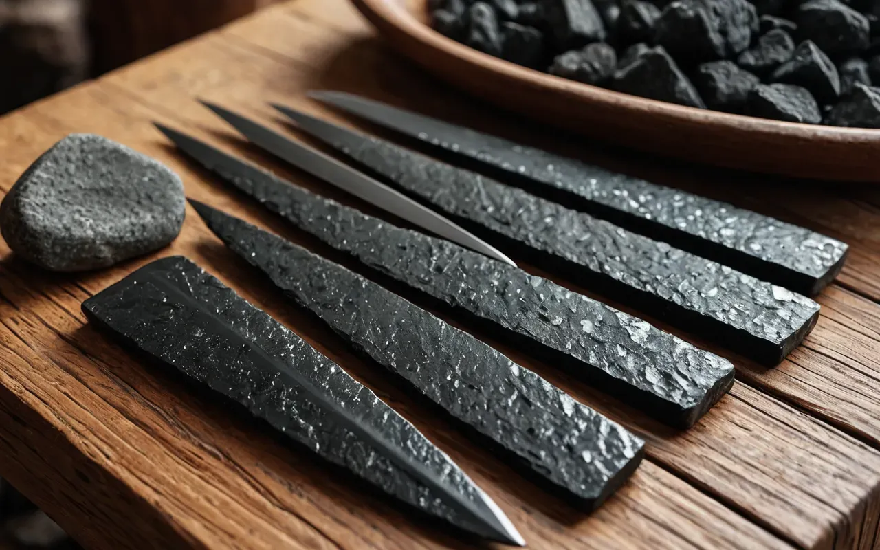 A close up realistic photo showing ancient stone tools including sharp black volcanic glass blades arranged carefully on a wooden surface with soft natural lighting highlighting their texture and edges without any text labels.