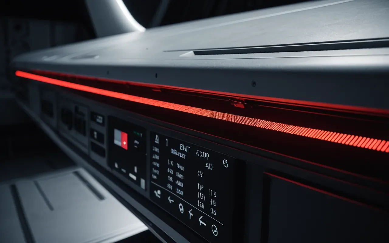 A close up view of a laser scanner device mounted on an aircraft wing capturing data points in the air with visible red light beams.