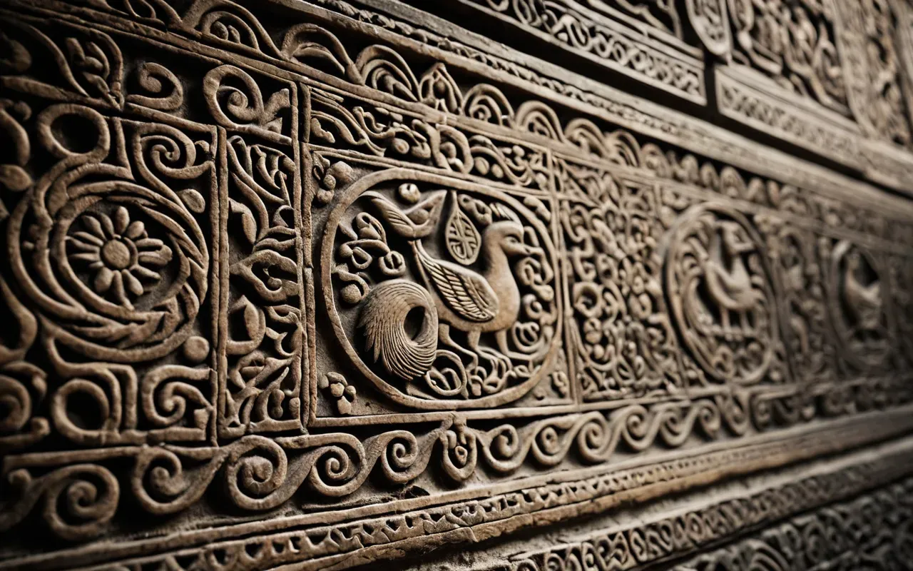 stone carvings A close up view of intricate carvings on an ancient stone surface showing animal motifs like birds and foxes. The lighting highlights the texture and depth of the carving emphasizing craftsmanship.