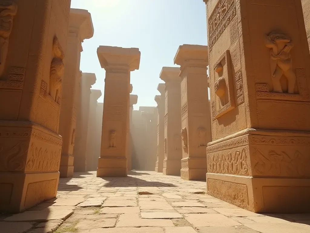 A close-up view of massive T-shaped limestone pillars carved with animal reliefs standing in a circular arrangement under sunlight. No people or text visible.