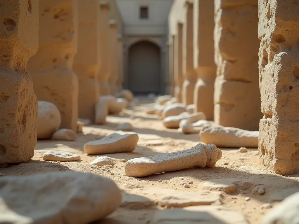 A close up view of rough limestone pillars and scattered stone tools on the ground with soft natural lighting highlighting textures.