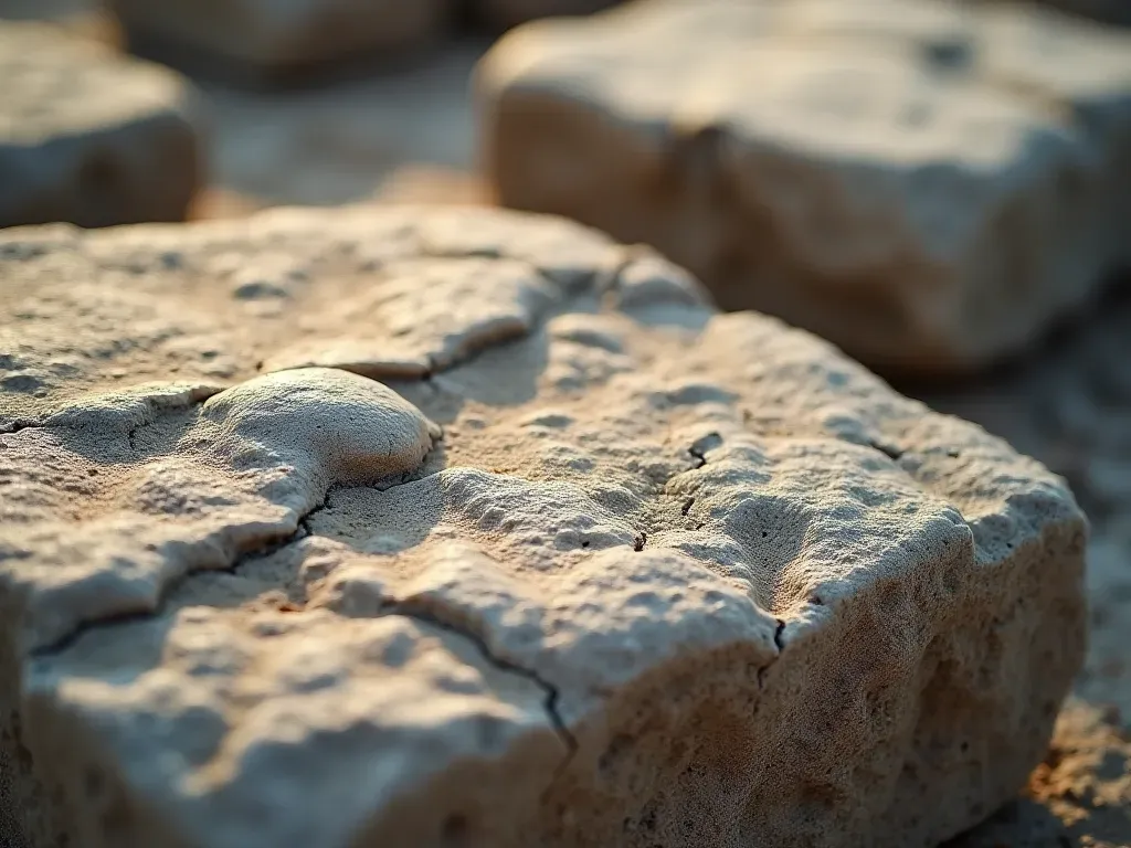ancient stone texture details A close-up view of rough textured limestone surfaces with visible tool marks and chisel scars. Natural light highlights the uneven grain of the stone revealing layers of sediment and wear patterns from ancient use.