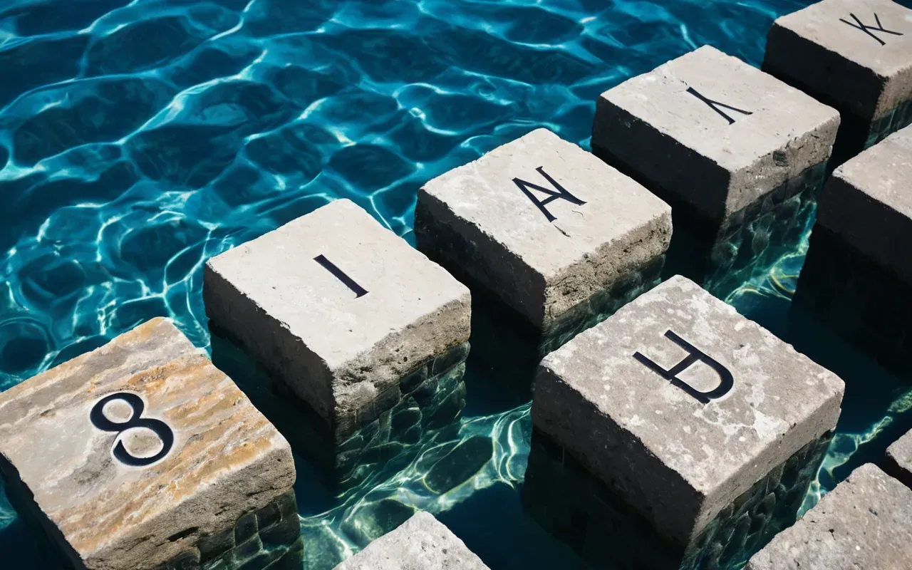 A close up view of weathered stone blocks partially submerged in clear blue water. Gentle ripples distort the image slightly creating a sense of movement.