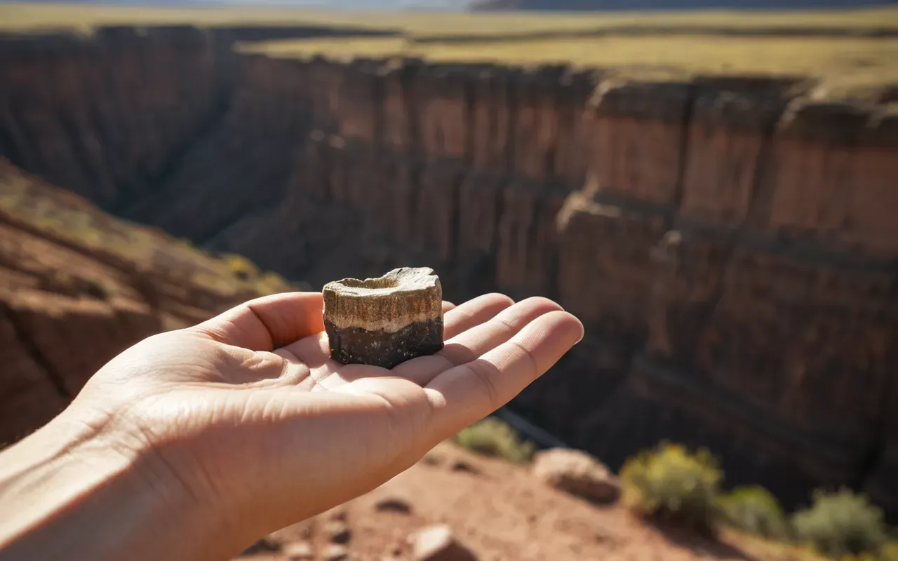 ancient history connection A conceptual image showing a hand holding a small ancient tooth fragment against a blurred background of layered geological strata with warm earthy tones and natural lighting emphasizing texture.