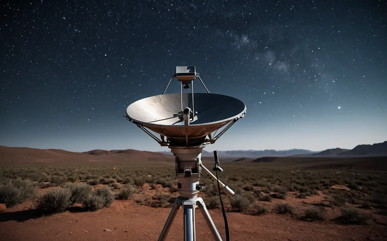 A deep space telescope dish pointing towards a starry night sky with faint nebulae visible in the distance symbolizing the search for extraterrestrial signals.