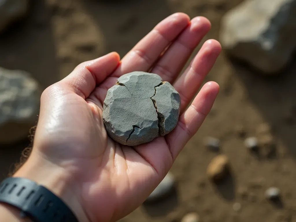 handheld ancient stone tool analysis A detailed close up of a human hand holding a small grey stone tool with visible chipped edges against a background of blurred earth and rocks in natural light.