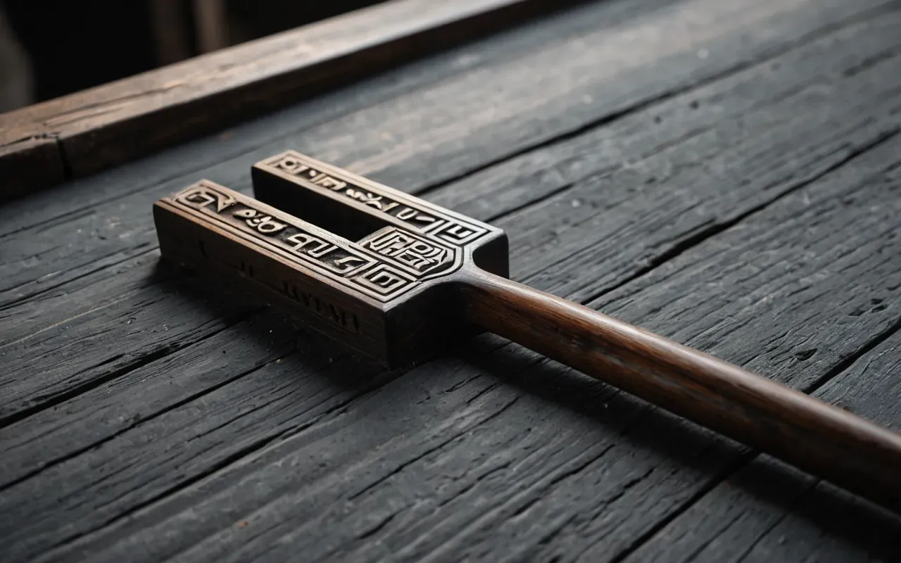 carved wood details A detailed close-up of a weathered wooden tool with carved grooves lying on a neutral grey surface under soft museum lighting with no text visible.