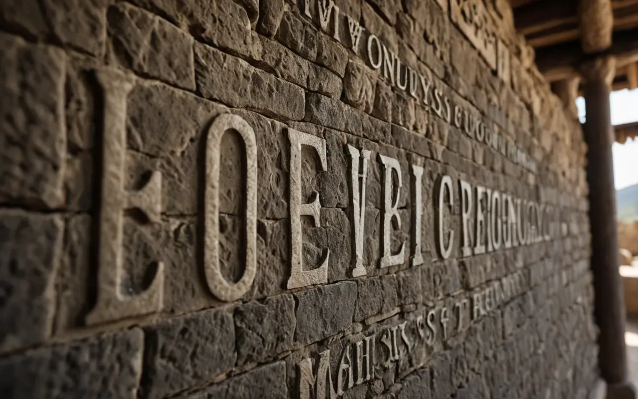 A detailed close up of rough stone surfaces with chisel marks and small carved animal shapes showing the texture of ancient craftsmanship in soft natural light.