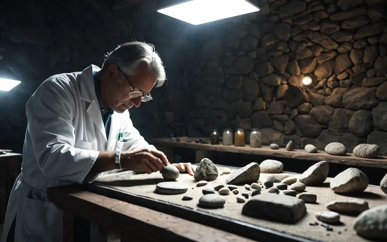 A detailed realistic illustration showing a scientist examining ancient stone artifacts under bright laboratory lights with clear focus on the hands and tools while wearing clean gloves in a neutral white room.