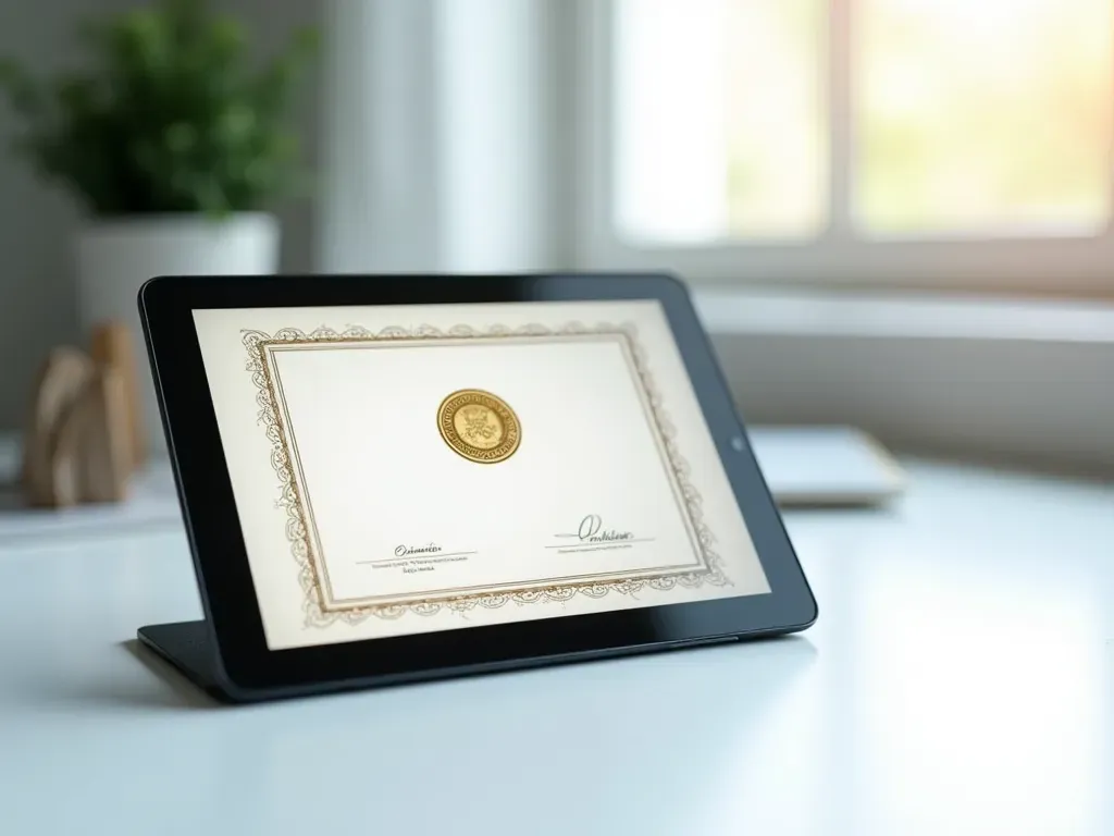 A digital certificate displayed on a tablet screen with abstract geometric borders and a seal icon in the center. The background is a clean white desk with natural light casting soft shadows.