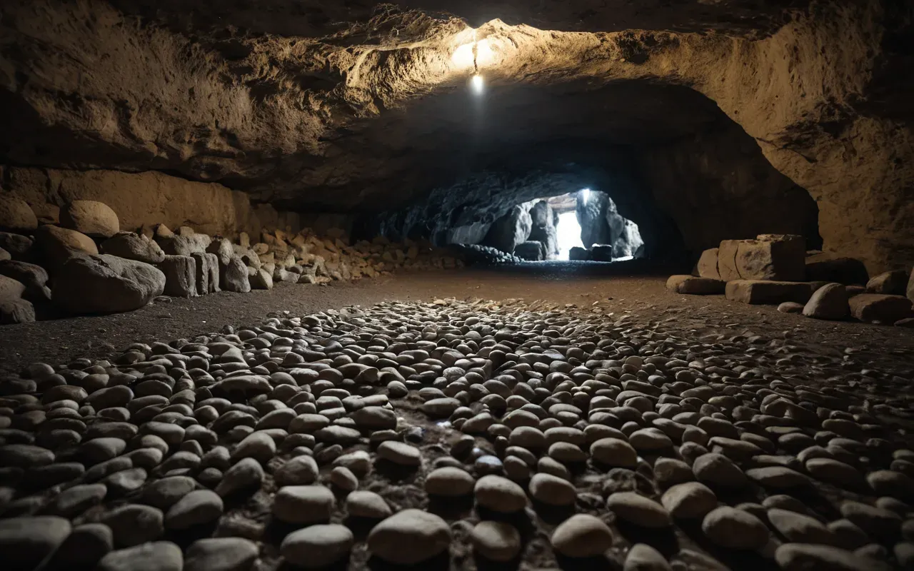 cave ritual site layout A dimly lit cave interior with curved rows of smooth stones arranged around a large natural stalagmite and scattered bone fragments on the floor.