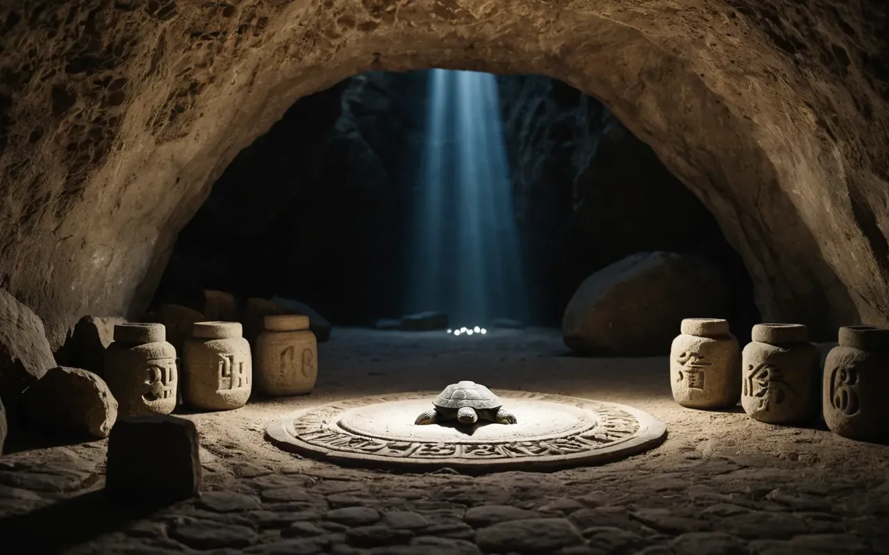A dimly lit cave interior with limestone turtle figurines arranged in a circle on the ground. Soft natural light filters through an opening above.