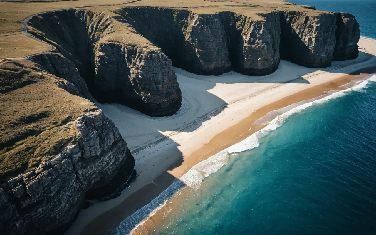 submerged coastlines A dramatic aerial view of a coastline where land meets deep blue water with rocky outcrops and shallow sandy areas visible near the shore under bright sunlight.