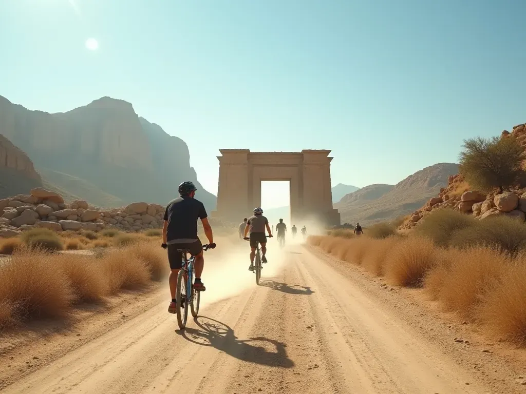 A group of cyclists riding on a dusty rural road with large ancient stone ruins visible in the background under a bright blue sky. No text or signs present.