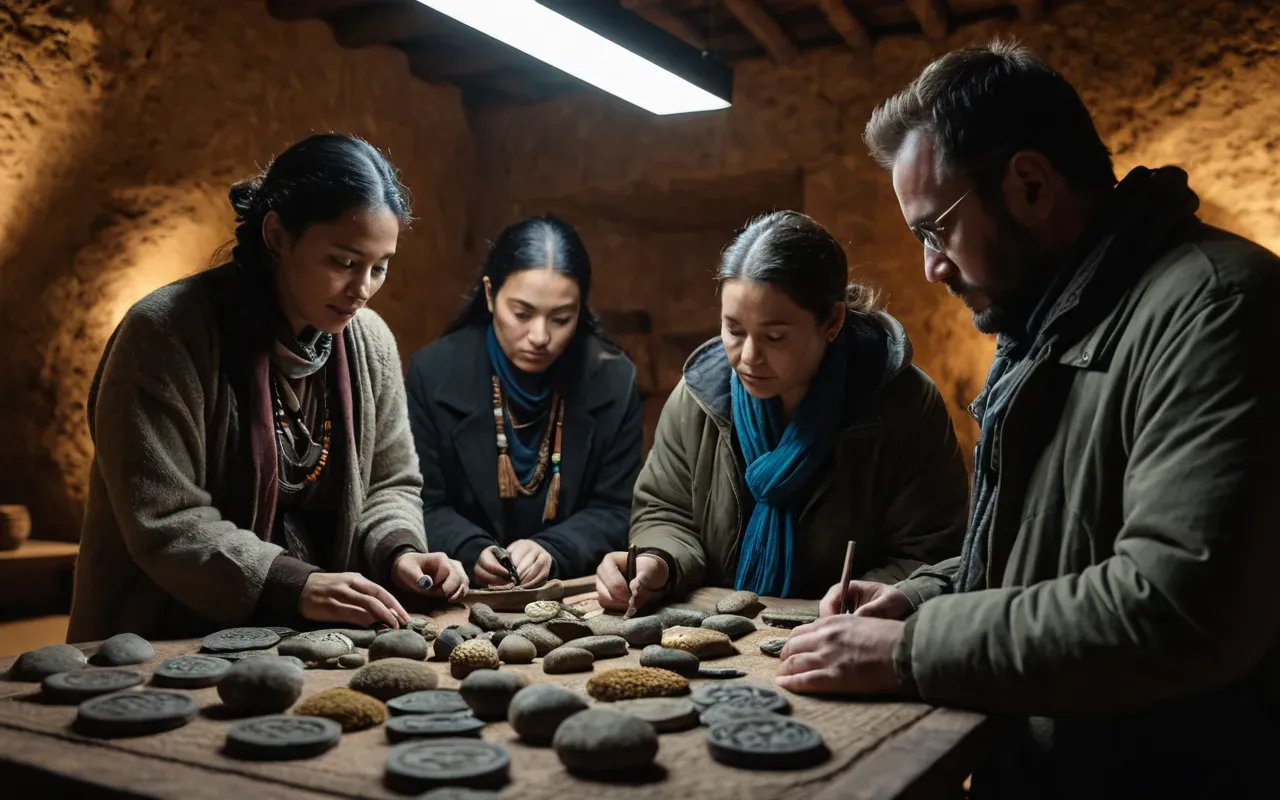 A group of diverse researchers examining ancient artifacts under soft museum lighting. The scene focuses on curiosity and discovery without text.