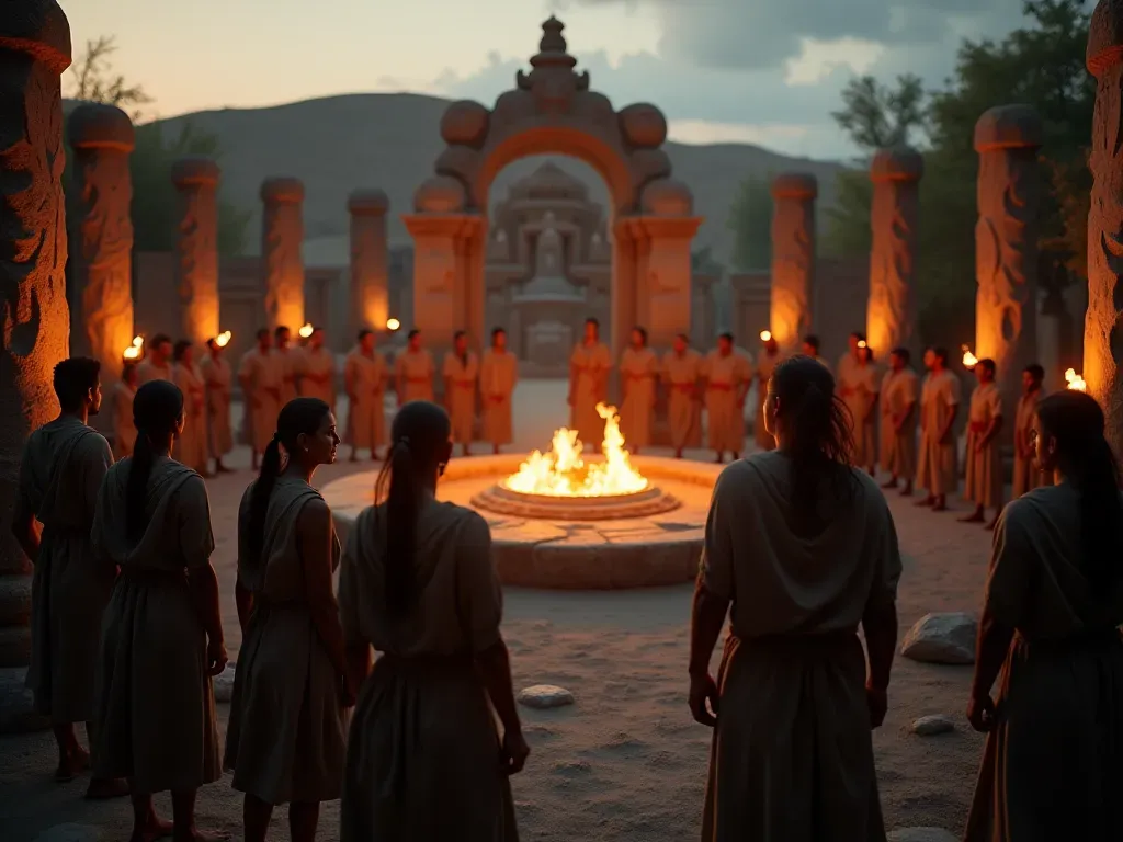ancient gathering scene A group of people in simple garments gathered around a large stone circle at dusk. Warm torchlight illuminates their faces and the carved pillars surrounding them.