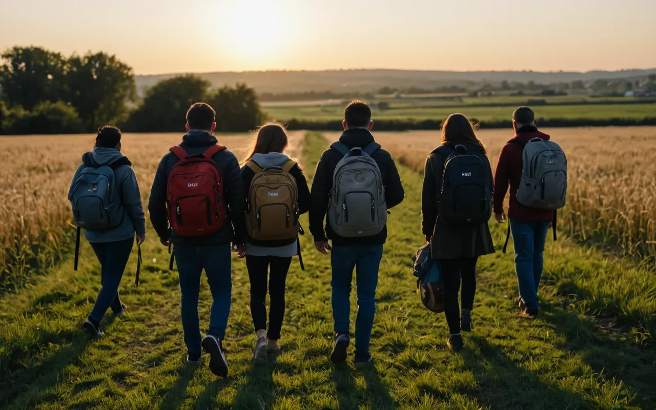 field survey team A group of people walking through a field with long shadows at sunset carrying backpacks and looking down at the ground in a focused manner.