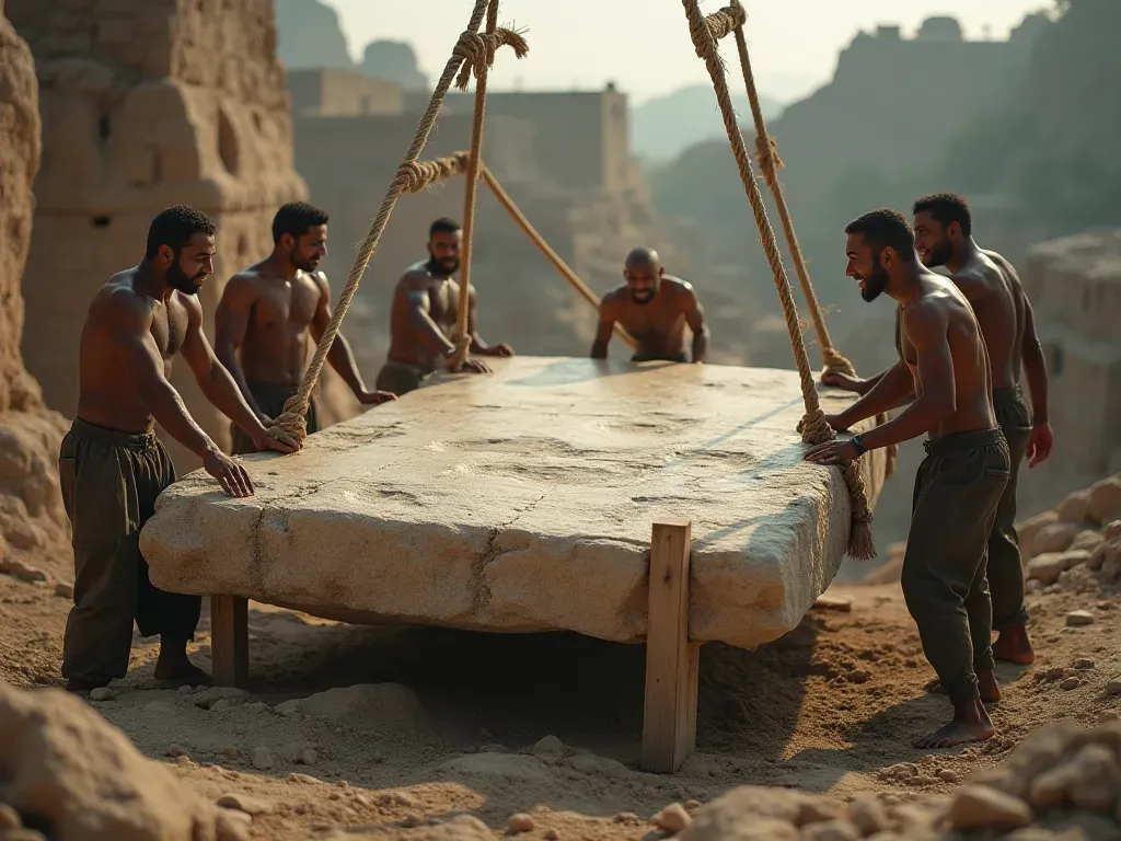 A group of people working together to lift a large stone slab into place. They are using ropes and wooden levers. The scene is dynamic, showing effort and coordination. The background shows a partially built circular wall.