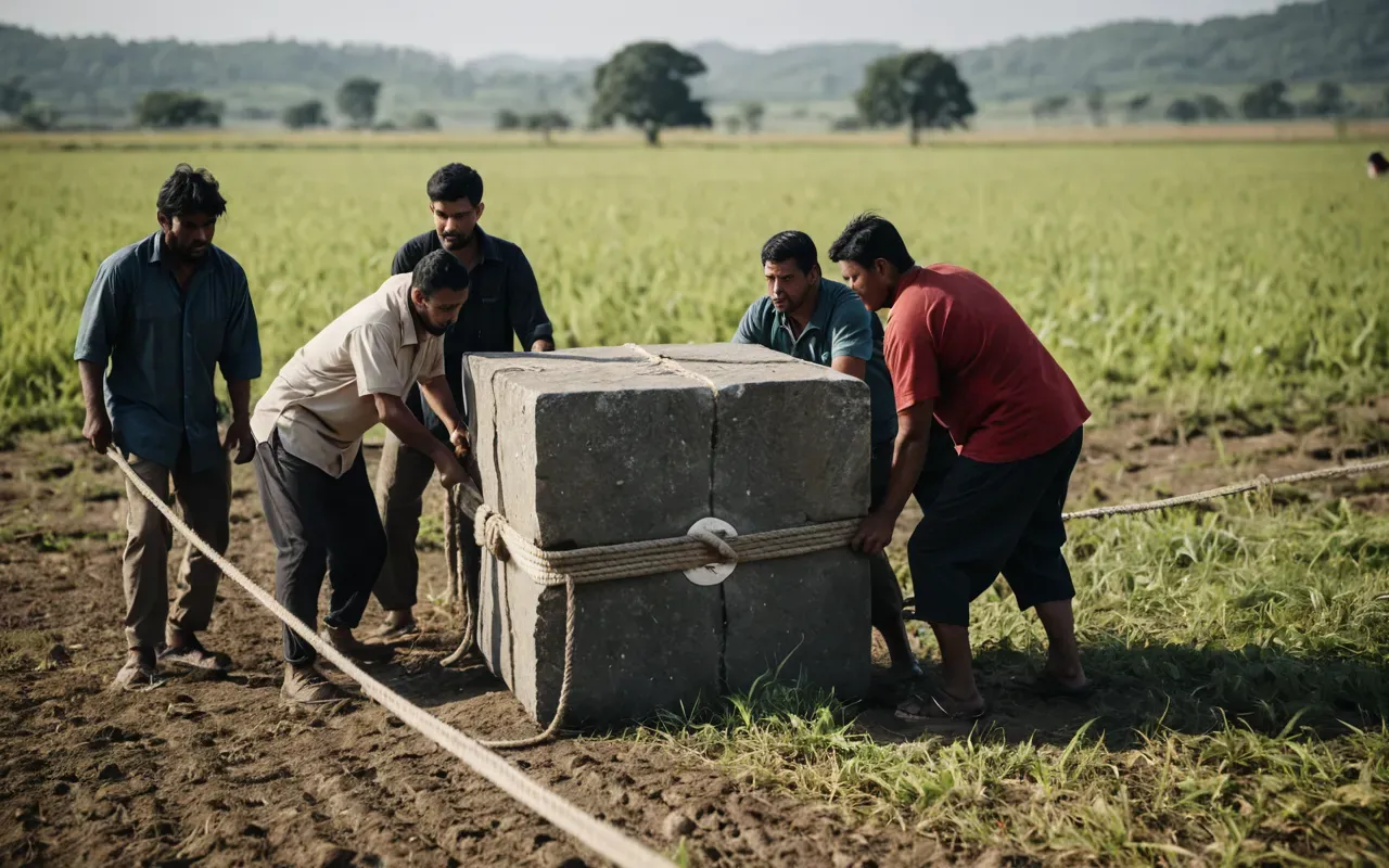 manual labor cooperation A group of people working together to pull a large stone block using ropes in an open field.