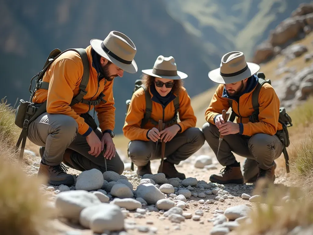 archaeological excavation team work A group of three archaeologists wearing casual field gear kneeling on a rocky slope examining scattered grey stones with hand tools under bright sunlight.