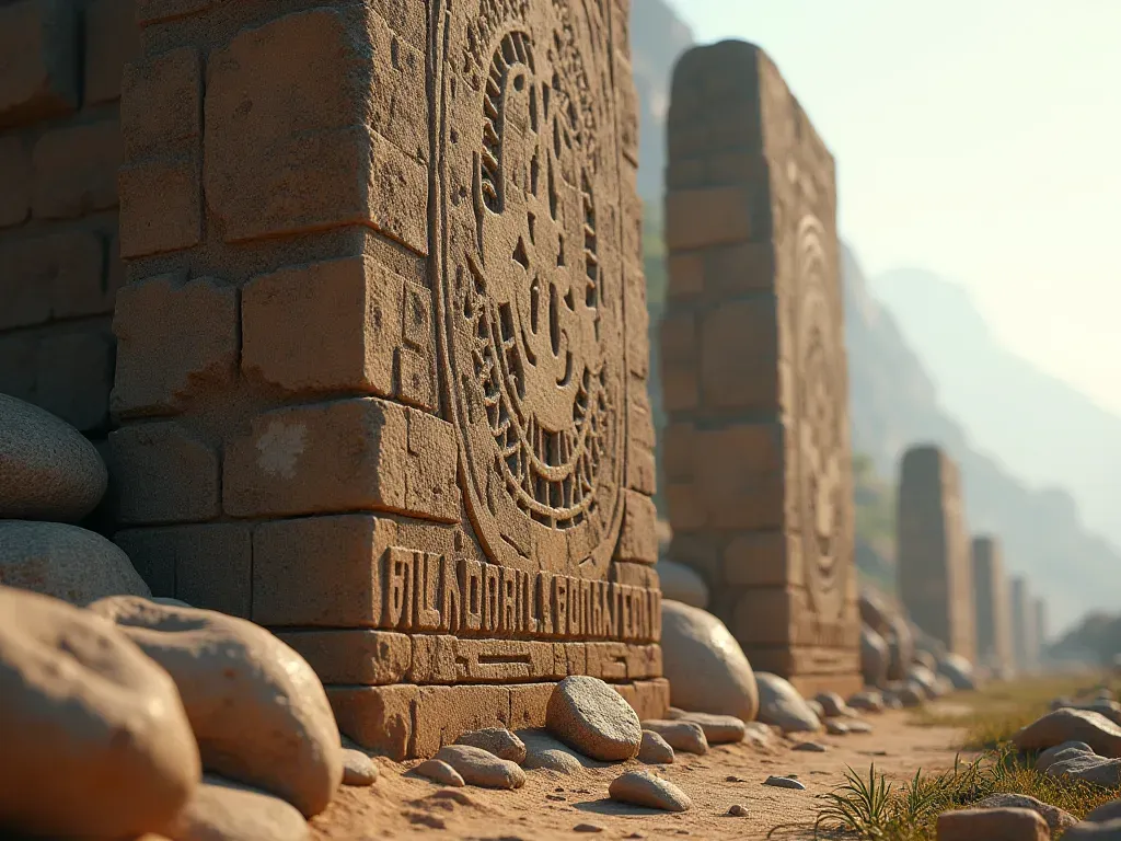 A high-resolution close-up of a massive limestone monolith rising from the ground, featuring intricate carvings of abstract animal motifs and geometric patterns. The stone surface shows distinct pecking textures and subtle grinding marks near the base. Warm sunlight casts long shadows across the relief, emphasizing the depth of the carvings. The background is a soft-focus natural landscape with dry grass and blurred earth tones, creating a timeless atmosphere without any modern structures or text.