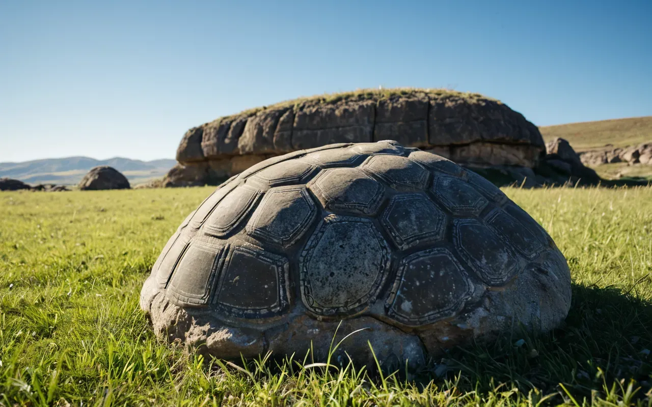 ancient turkey A large rounded rock formation resembling a turtle shell standing on flat grassy ground under bright clear blue sky with soft sunlight casting gentle shadows and no text or signs present.
