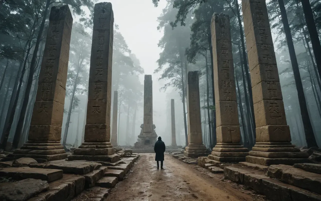 A lone figure stands in awe before massive T-shaped limestone pillars rising from a misty forest floor. The lighting is golden and ethereal. No text or signs are visible.