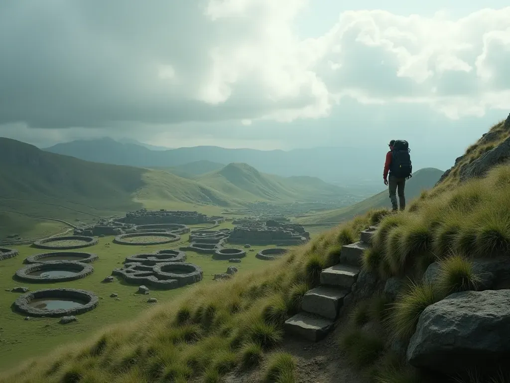 A lone hiker standing on a grassy hill overlooking a vast archaeological excavation site with circular stone structures below under dramatic cloudy skies. No text or signs.