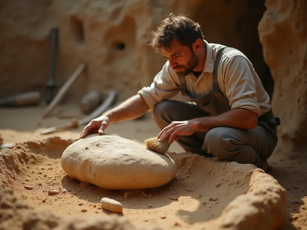 archaeological fieldwork scene A modern archaeologist brushing dust off a large stone artifact in an excavation pit. The background shows layers of earth and other scattered tools.
