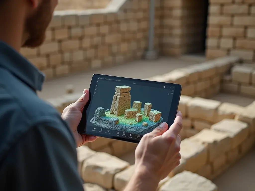 A modern researcher holding a digital tablet displaying a 3D scan of the stone structures. The background shows the actual archaeological site with scaffolding and excavation tools visible in the distance.