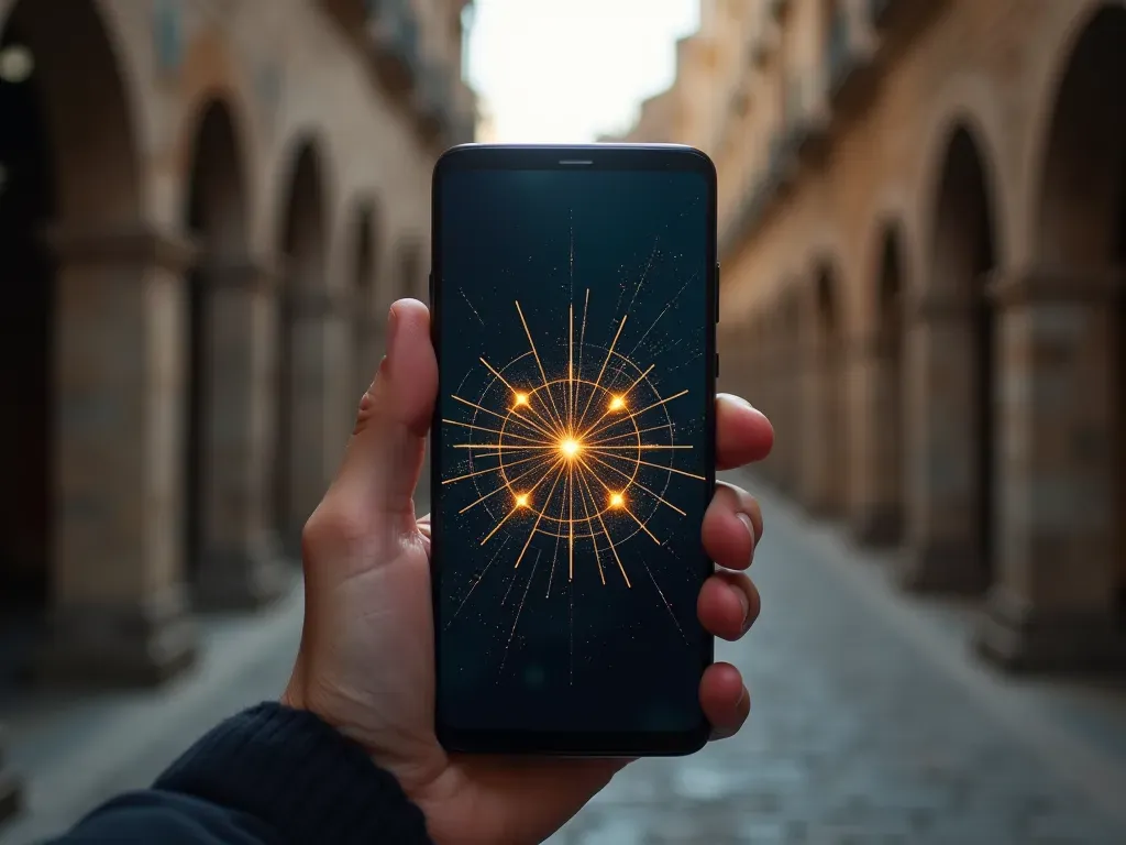 A modern smartphone held in a hand displaying an abstract geometric puzzle interface with glowing lines and shapes. The background is a blurred view of ancient stone ruins under soft natural daylight.