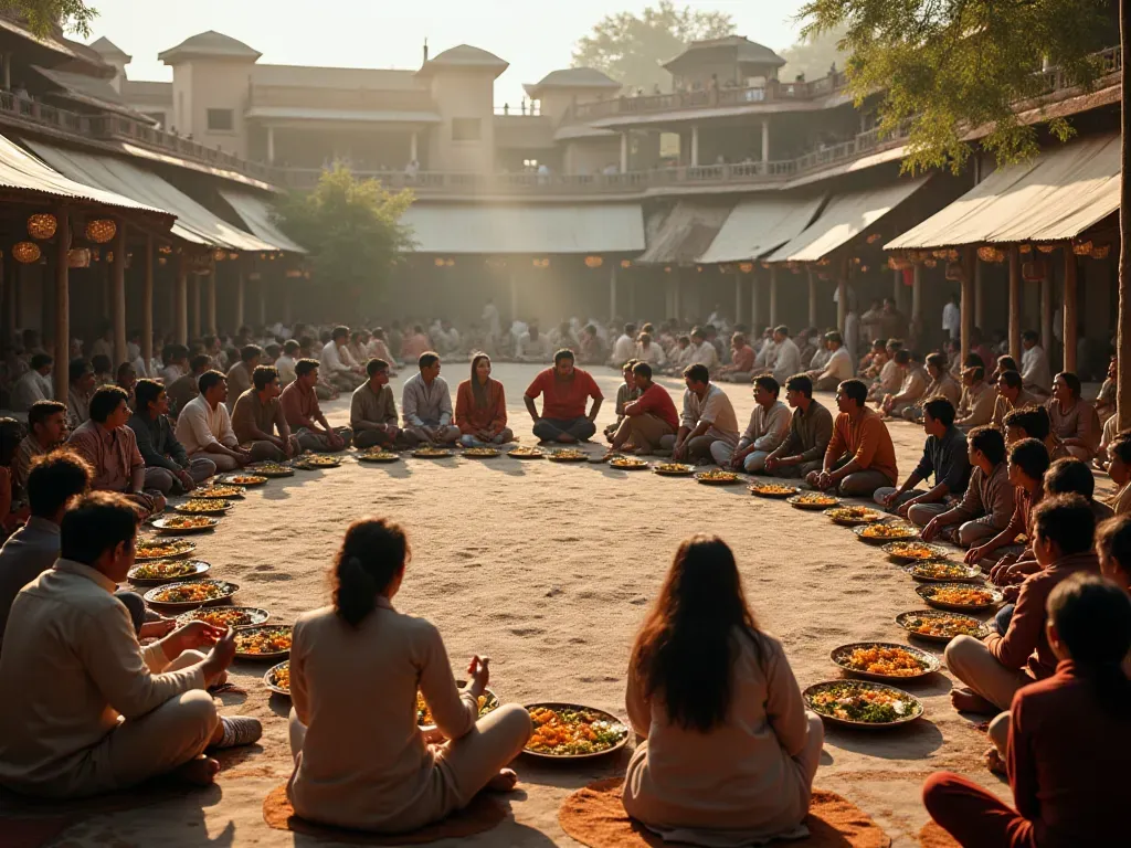 A panoramic view of a large open-air gathering space. Dozens of people are seated in circles on the ground, sharing food and engaging in conversation. The atmosphere is communal and relaxed, with natural light illuminating the stone pillars.