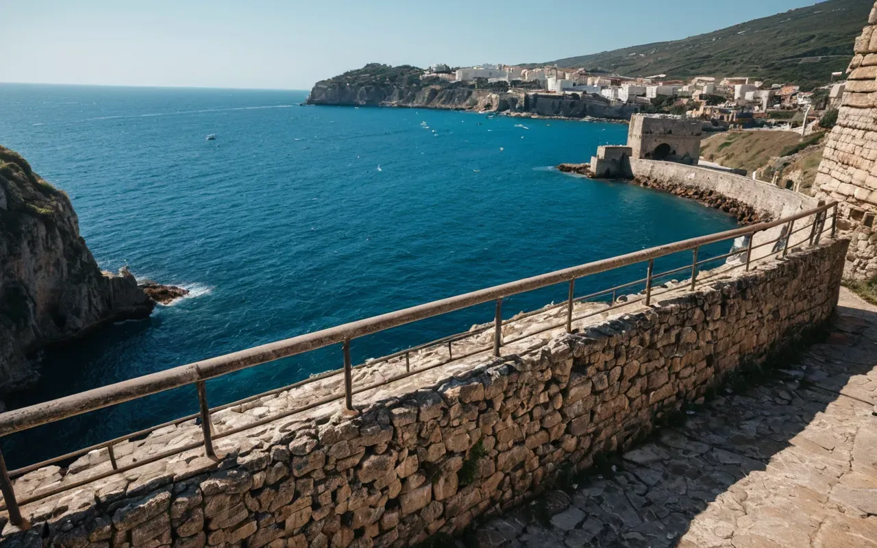 ancient harbor ruins preservation A panoramic view of an ancient harbor ruin with clear blue sea in the background. Modern safety railings run along the cliff edge contrasting with the crumbling stone walls below.