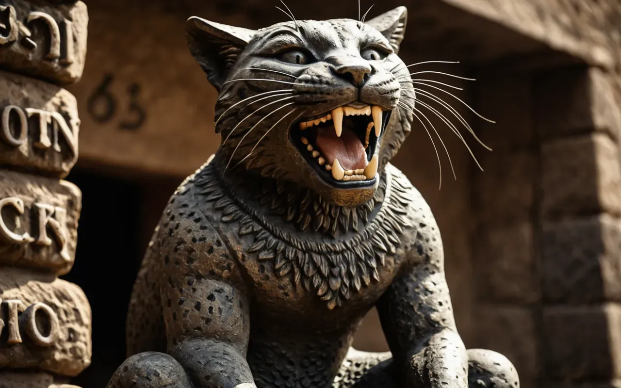 A photo-realistic close up of a rough stone statue showing a human figure sitting on the back of a wild cat with an open mouth and bared teeth in dim warm lighting inside a circular room.