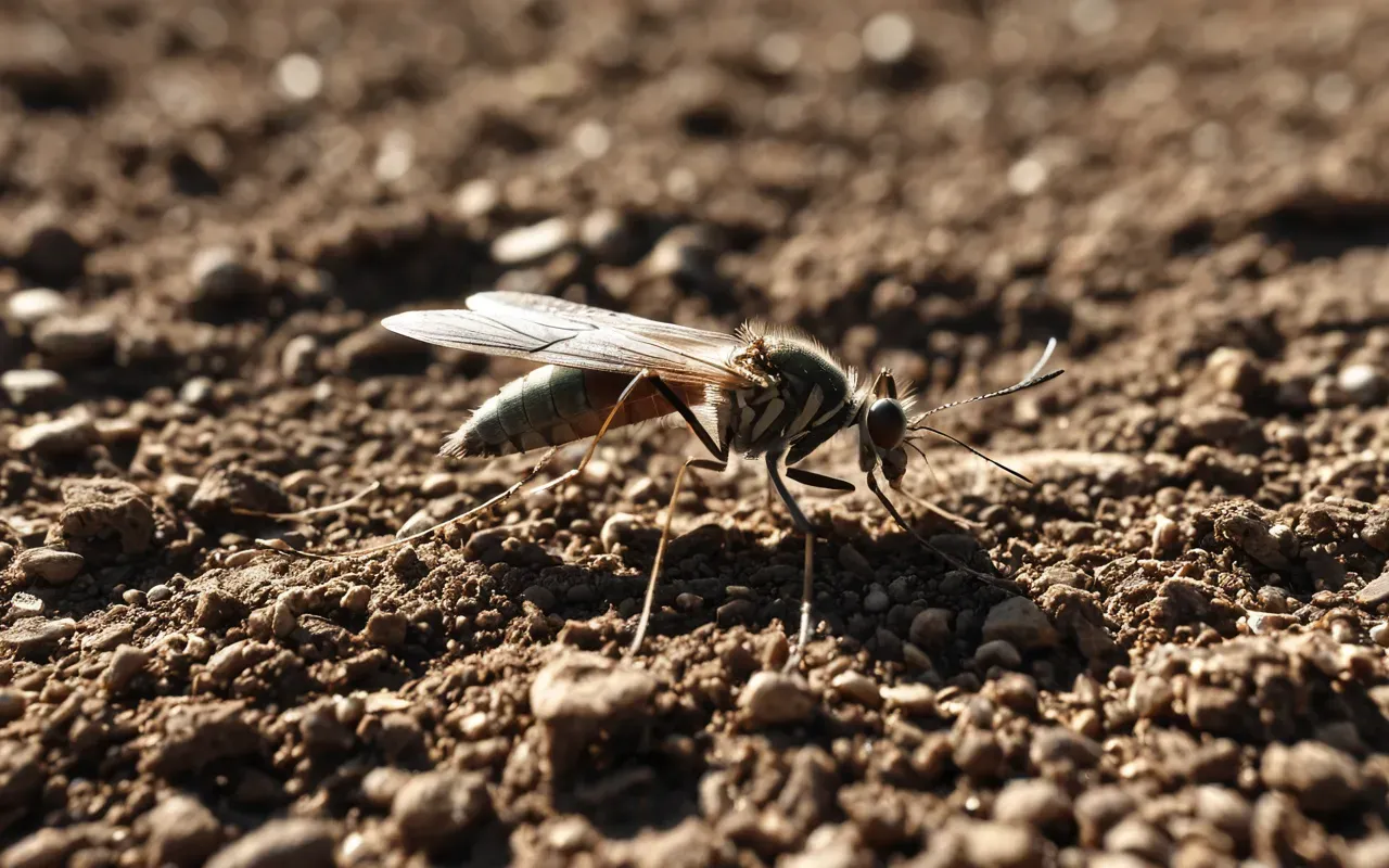 A photorealistic close-up of a single mosquito resting on dry cracked earth under harsh midday sun highlighting the texture of the soil and the delicate wings of the insect against a blurred arid background.
