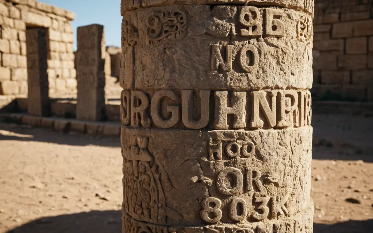 limestone pillars carving A photorealistic close-up of a weathered limestone pillar with carved animal reliefs emerging from dry earth under bright sunlight. No text or modern objects visible.
