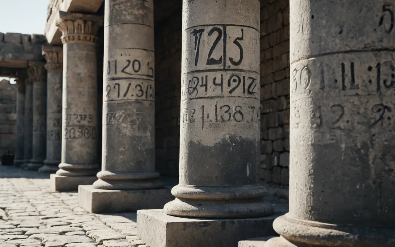 archaeological site damage A photorealistic image of ancient stone pillars partially covered by fresh gray concrete and construction barriers under bright sunlight showing contrast between old ruins and new development.
