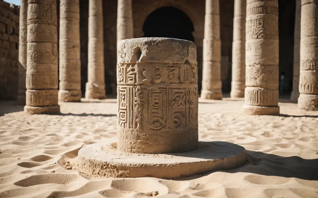 A photorealistic image of ancient weathered T-shaped limestone pillars standing in a circular arrangement under bright sunlight with sand and earth surrounding the base no text visible