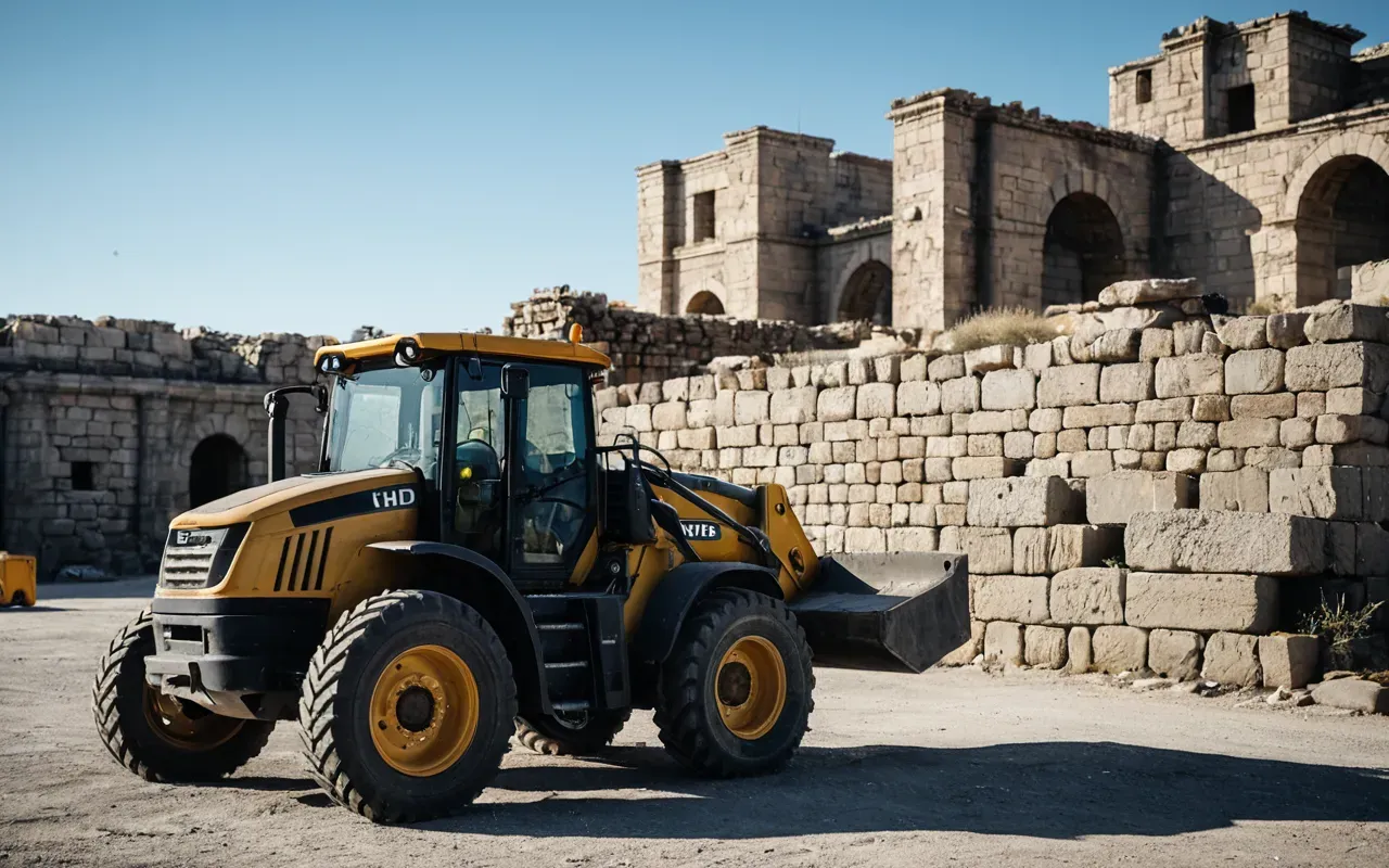 construction threat heritage site A photorealistic image of modern concrete construction machinery parked near ancient stone ruins under clear blue sky showing juxtaposition between industrial development and historical preservation.