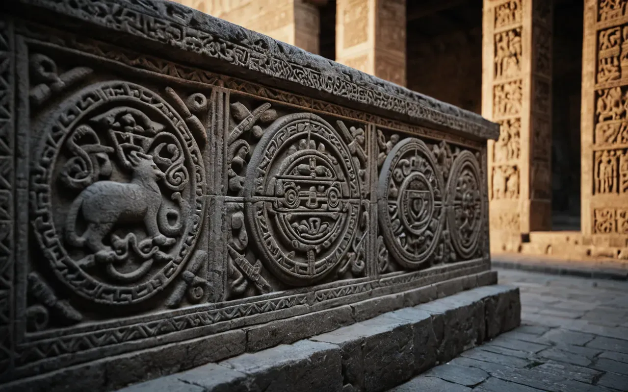 ancient stone carving symbolism A photorealistic image showing ancient stone carvings of animals and symbols illuminated by soft evening light surrounded by protective barriers emphasizing cultural preservation importance.