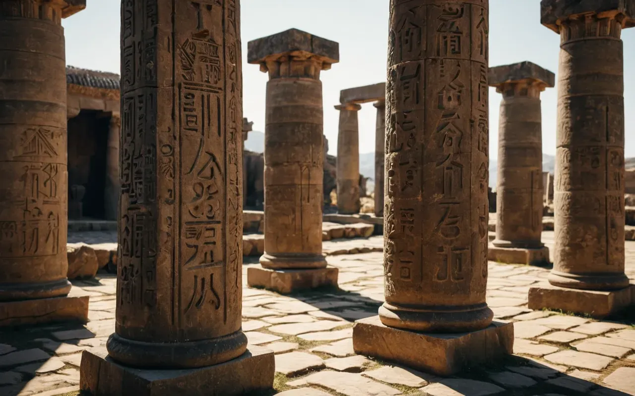 gobeklitepe ancient structures A photorealistic view of ancient T-shaped stone pillars standing in a sunlit open-air enclosure. The stones are weathered and carved with simple animal motifs. Soft golden hour lighting casts long shadows across the dry earth floor, creating a solemn and timeless atmosphere.