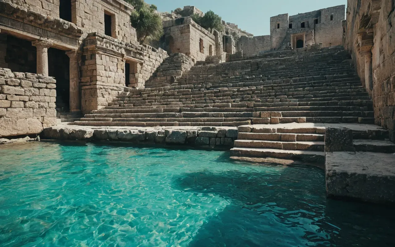 A photorealistic view of crystal clear turquoise water with ancient stone ruins visible beneath the surface including staircases and walls sunlight filtering through waves creating a serene mysterious atmosphere no text or people in frame