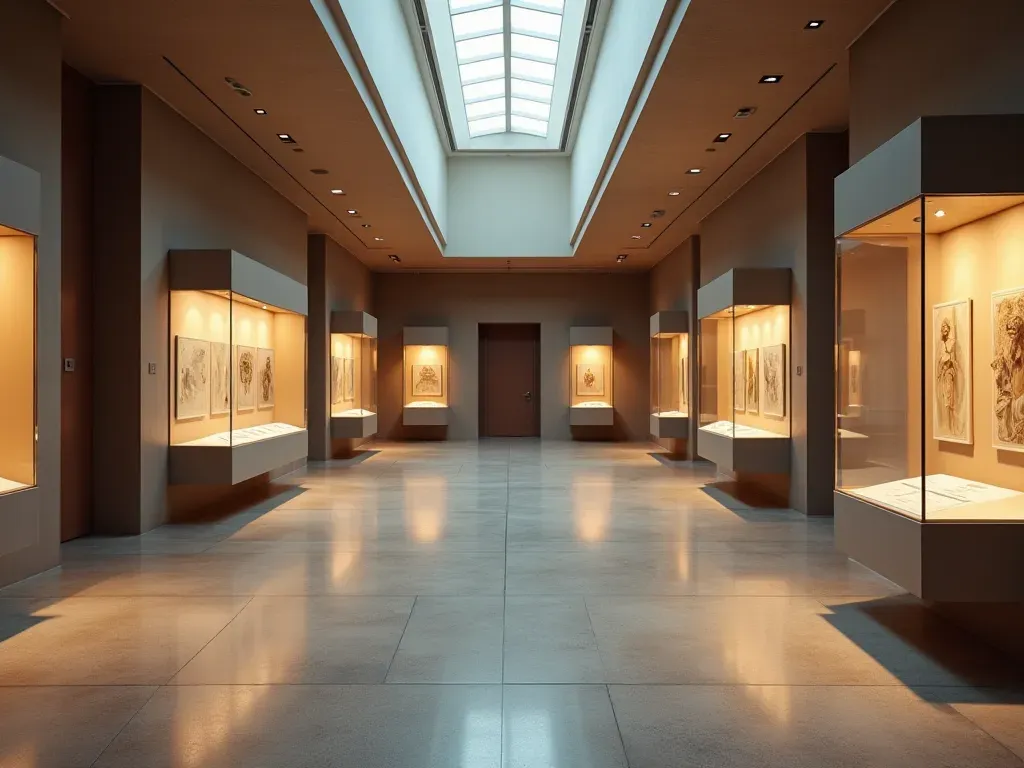 ancient stone patterns A quiet indoor museum hall with polished stone floors and large display cases. Soft directional lighting highlights smooth curved surfaces arranged in a circular pattern. The walls are plain and light colored. The composition emphasizes symmetry and careful spatial arrangement without any visible text or labels.