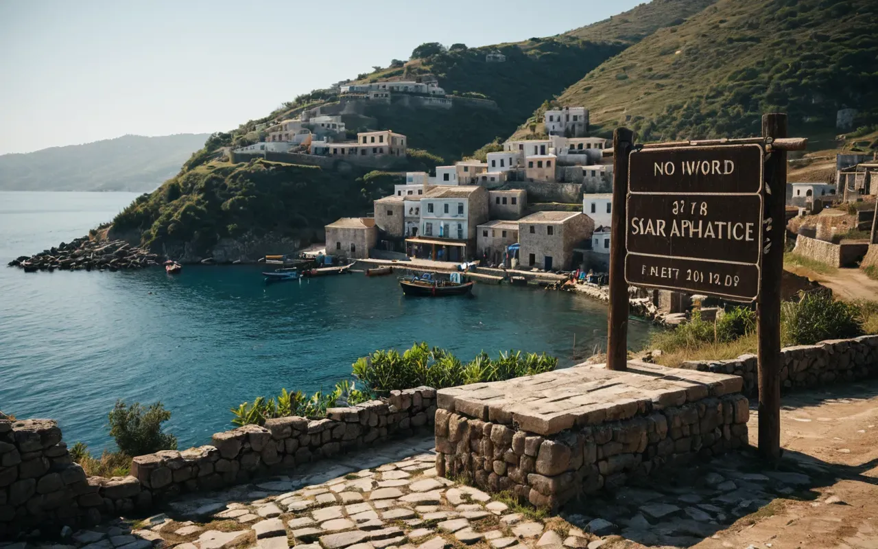 A quiet stone fishing village on a hillside overlooking calm blue bay with ancient sarcophagi near the water line soft morning light casting long shadows no modern buildings or vehicles visible natural serene mood