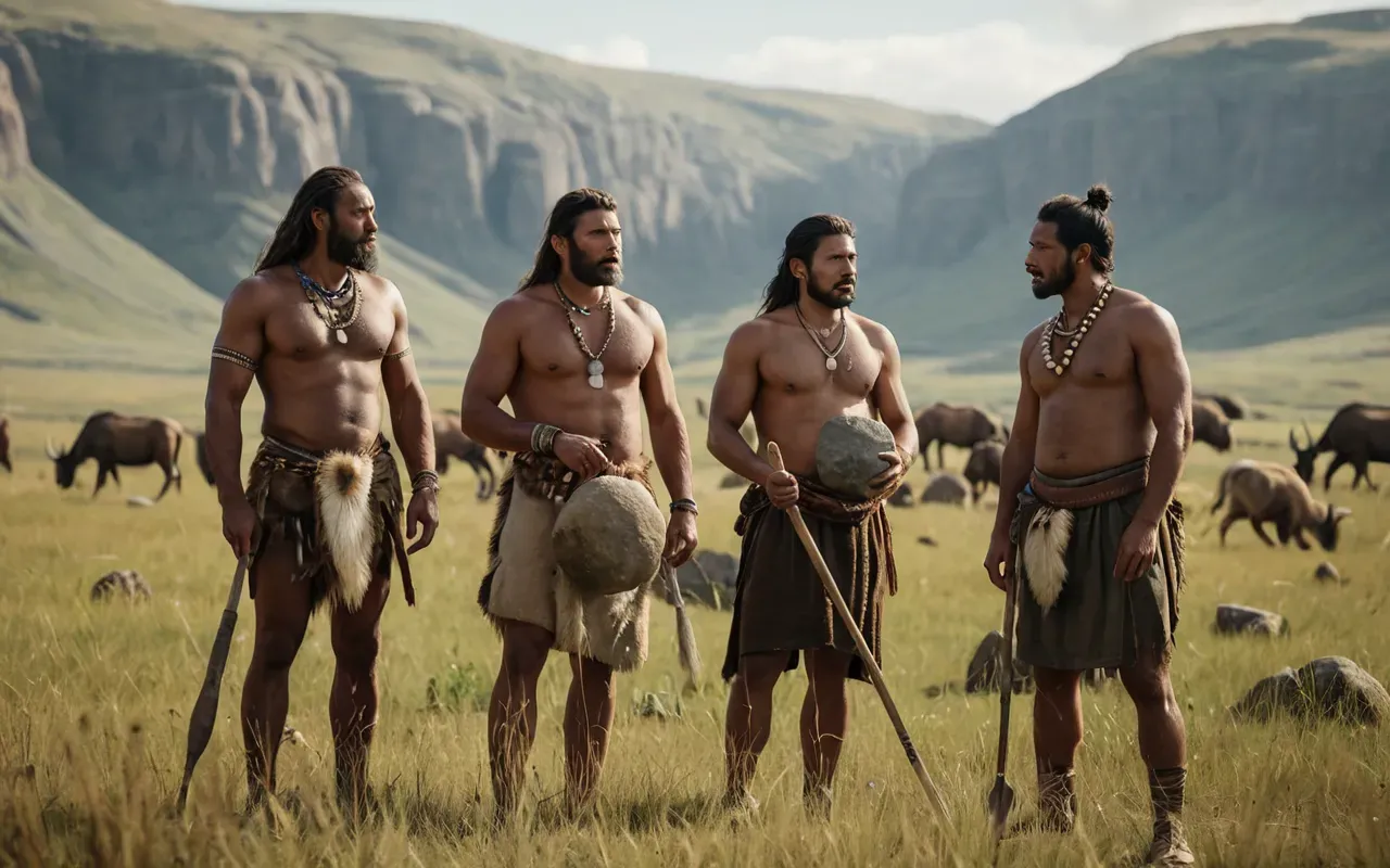 prehistoric cooperation A realistic illustration of a group of prehistoric humans standing together in an open grassland landscape holding simple stone tools and observing distant antelope herds under soft morning light with natural colors.